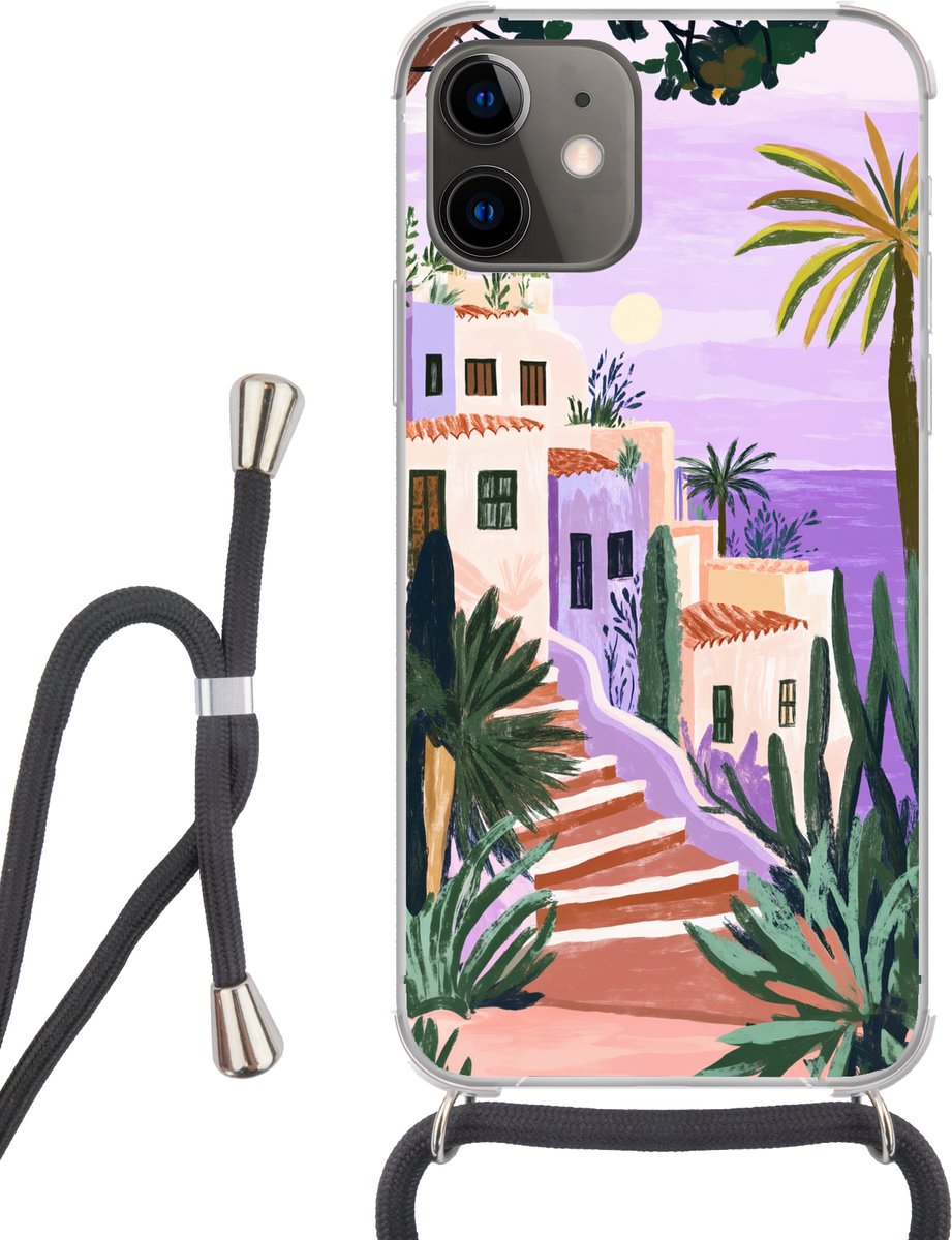 Telefoonhoesje Geschikt voor iPhone 12 - Huizen - Minimalistisch - Palmbomen - Kust - Siliconen - Crossbody - Backcover met Koord - Telefoonhoesje met koord - Hoesje met touw Telefoonhoesje