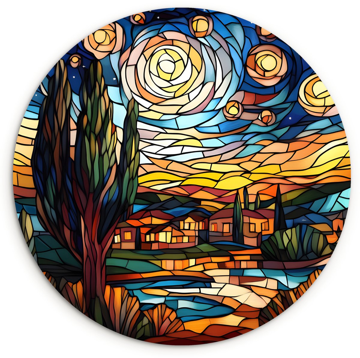 WallCircle Wandcirkel 140x140 cm - Muurcirkel Hemel - Sterren - Mozaïek - Huizen - Muurdecoratie woonkamer - Wanddecoratie slaapkamer - Kamer decoratie accessoires - Ronde schilderijen