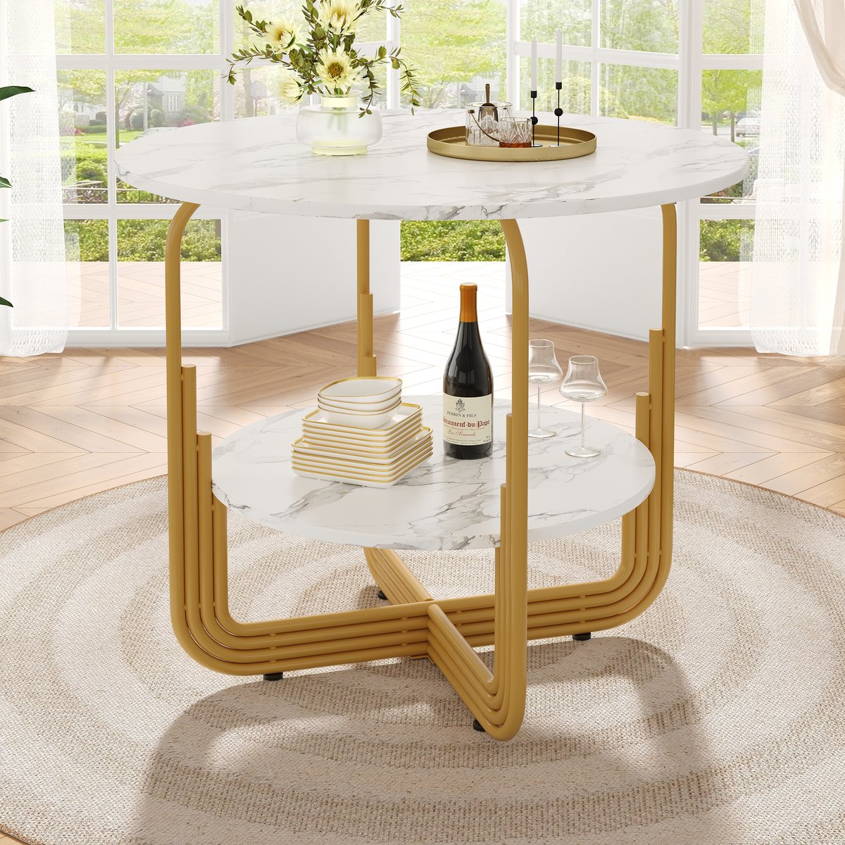 SINGULARITY Ronde eettafel (80 x 80 x 76 cm) - 4 zitplaatsen - Ronde salontafel - Kleine koepel in het midden voor opslag - MDF - Goud