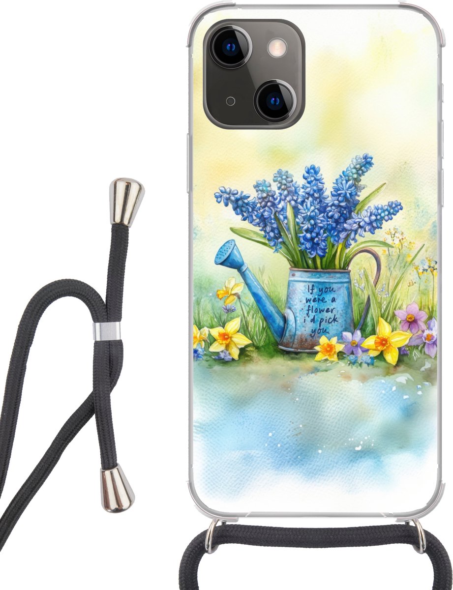 Telefoonhoesje Geschikt voor iPhone 13 - Lavendelbloemen - Quote - Gieter - Siliconen - Crossbody - Backcover met Koord - Telefoonhoesje met koord - Hoesje met touw Telefoonhoesje