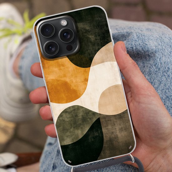 Coque de téléphone compatible avec iPhone 15 Pro - Formes - Jaune ocre - Abstrait - Siliconen - Bandoulière - Coque arrière avec cordon - Coque de téléphone avec cordon - Coque avec corde
