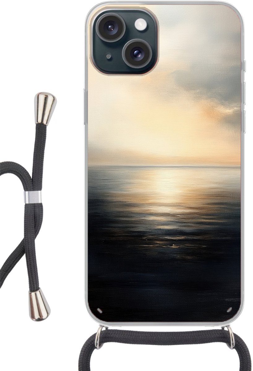 Telefoonhoesje Geschikt voor iPhone 15 - Zon - Horizon - Zee - Siliconen - Crossbody - Backcover met Koord - Telefoonhoesje met koord - Hoesje met touw Telefoonhoesje