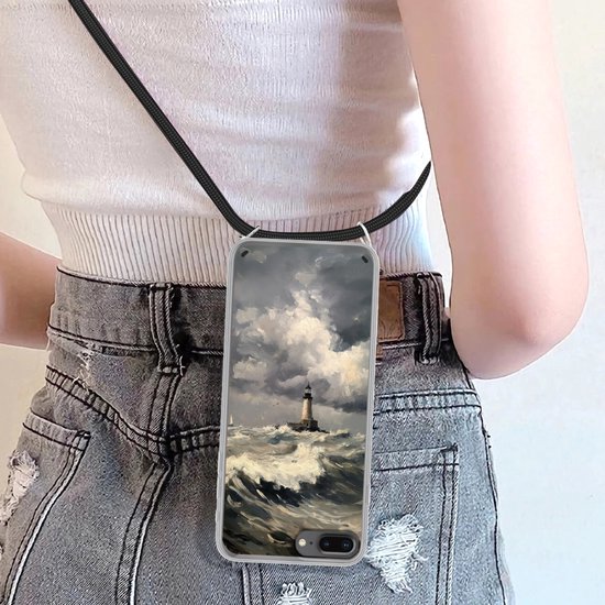 Coque de téléphone compatible avec iPhone 15 - Phare - Vagues - Storm - Siliconen - Bandoulière - Coque arrière avec cordon - Coque de téléphone avec cordon - Coque avec corde