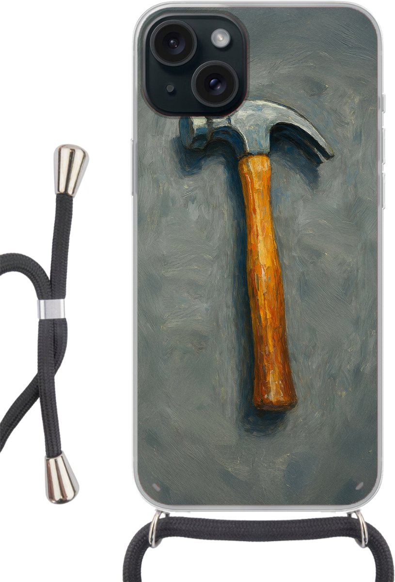 Telefoonhoesje Geschikt voor iPhone 15 Plus - Hamer - Schilderij - Gereedschap - Siliconen - Crossbody - Backcover met Koord - Telefoonhoesje met koord - Hoesje met touw Telefoonhoesje