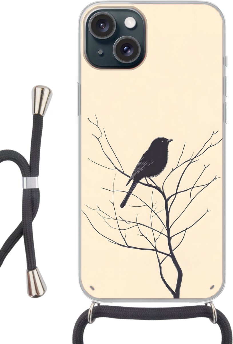 Telefoonhoesje Geschikt voor iPhone 15 - Vogel - Zwart - Tak - Minimalistisch - Siliconen - Crossbody - Backcover met Koord - Telefoonhoesje met koord - Hoesje met touw Telefoonhoesje