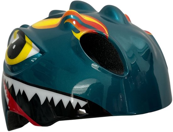 Groene kinderhelm met dinosaurusprint, vlammen en haaientanden.