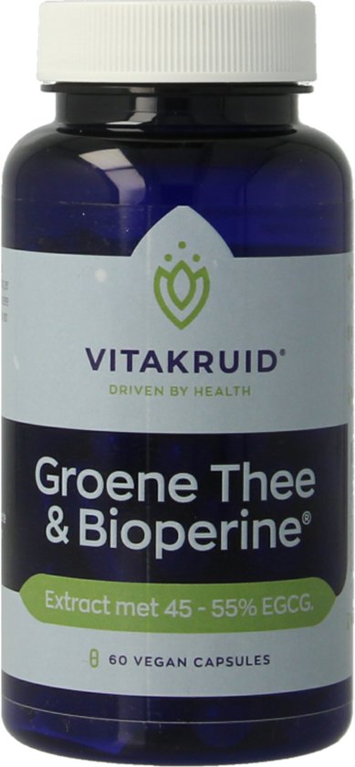 Blauwe pot met wit etiket van Vitakruid. Bevat 'Groene Thee & Bioperine' en '60 VEGAN CAPSULES'.