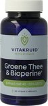 Blauwe pot met wit etiket van Vitakruid. Bevat 'Groene Thee & Bioperine' en '60 VEGAN CAPSULES'.