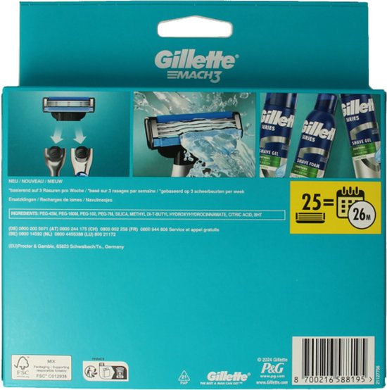 Gillette Mach3 Base Scheermesjes Voor Mannen - 25 Gillette Navulmesjes