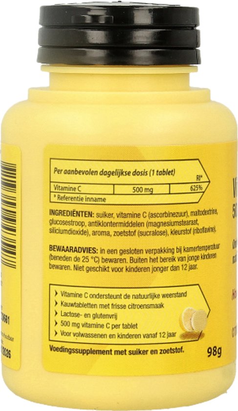 Roter Vitamine C 500mg Hooggedoseerd - Hoge dosering vitamine C ter ondersteuning van je weerstand - 50 kauwtabletten met citroensmaak