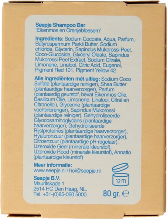 Ingrediëntenlijst en informatie over de Seepje shampoo bar met eikenmos en oranjebloesem.