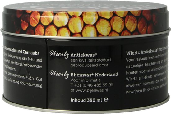 Zwarte blik met 'Wiertz Antiekwas', 'Bijenwas Nederland' en 'Inhoud 380 ml e'.