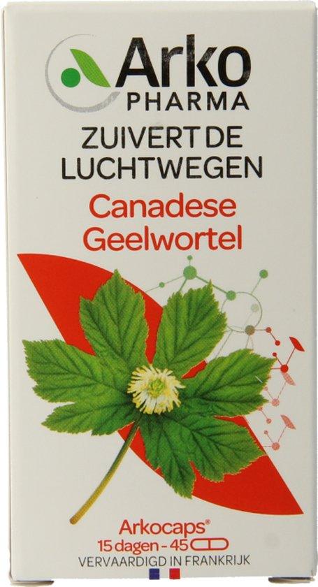 Doosje Arkocaps Canadese Geelwortel met plantaardige afbeelding en tekst.