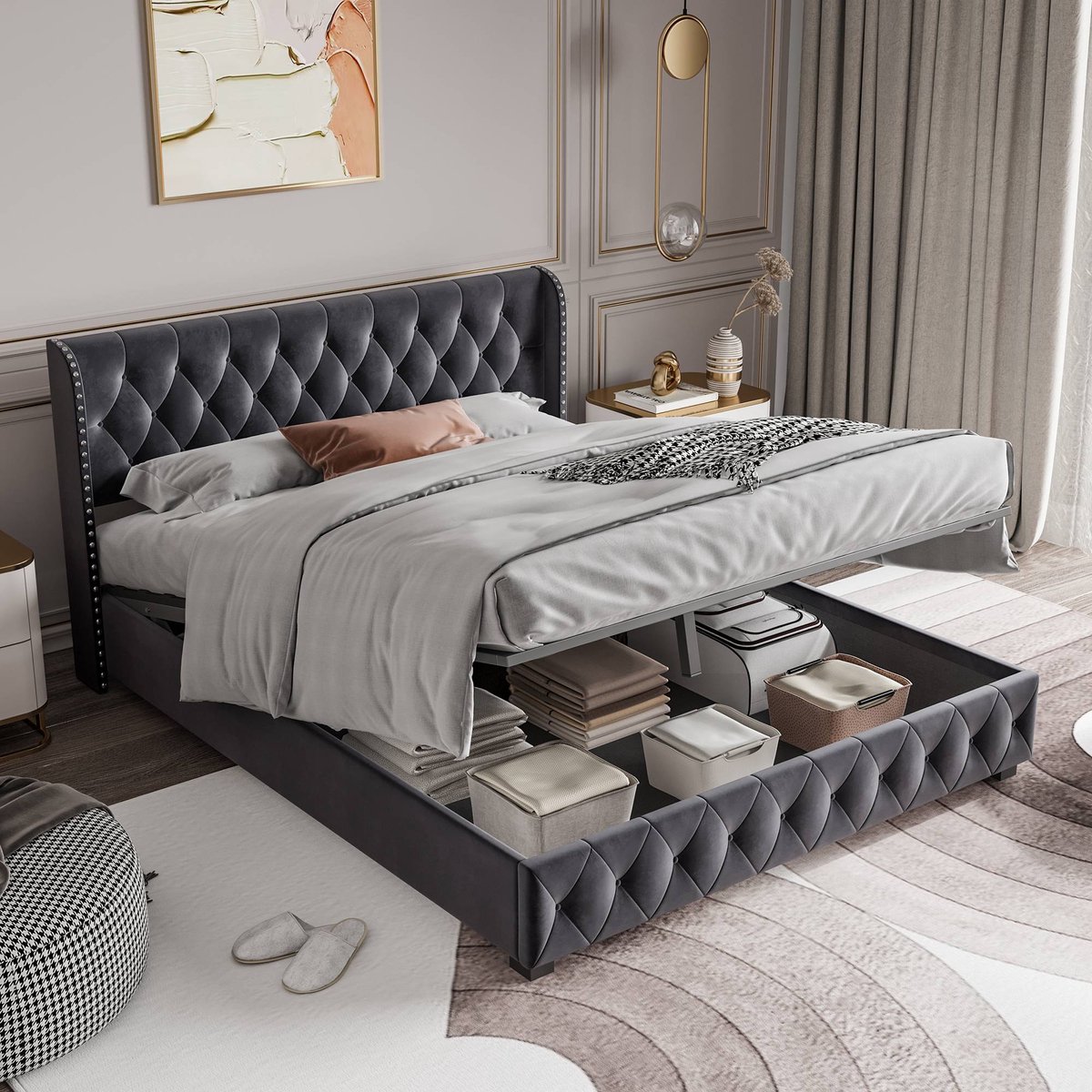 Gestoffeerd tweepersoonsbed 140x200 cm, Bedstee met Lattenbodem en Hoofdbord, Gestoffeerd bedframe voor 2 volwassenen, donkergrijs fluweel(zonder matras)