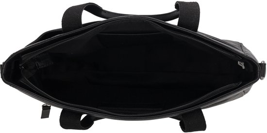 Open zwarte leren tas met zichtbare voering en vakken.