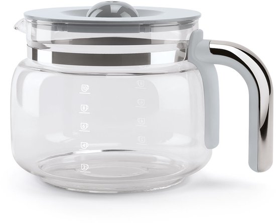 Lege glazen koffiekan met grijze deksel en handvat.