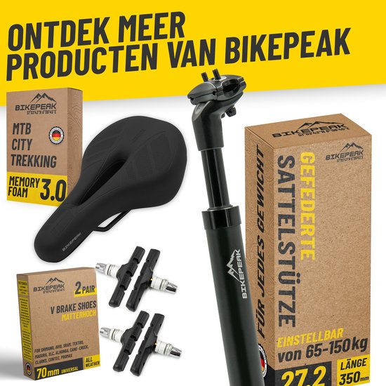 Collectie BikePeak producten: een zwart fietszadel "MEMORY FOAM 3.0", een zwarte geveerde zadelpen "SATTELSTÜTZE" en twee paar zwarte V-brake remblokken.