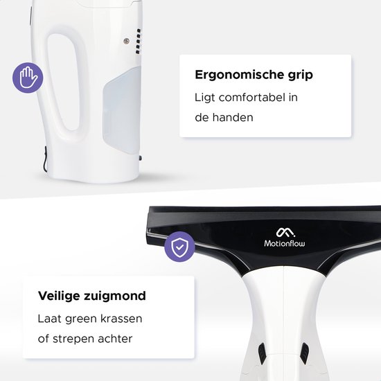 Witte elektrische ruitenreiniger met ergonomische grip en een veilige zuigmond zonder krassen of strepen.