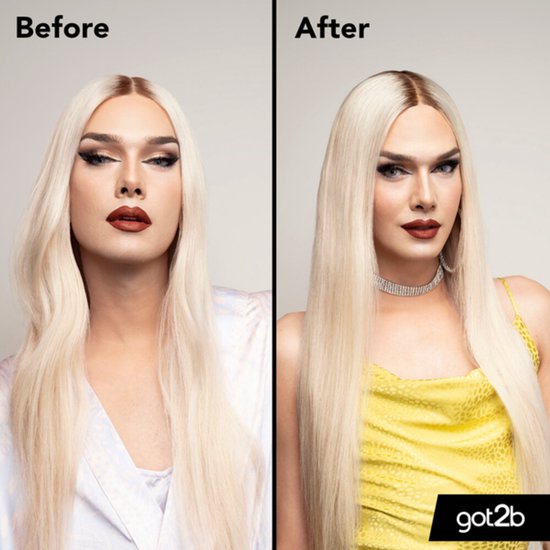 Voor en na foto van een model met lang blond haar, dat verschillende kapsels draagt.