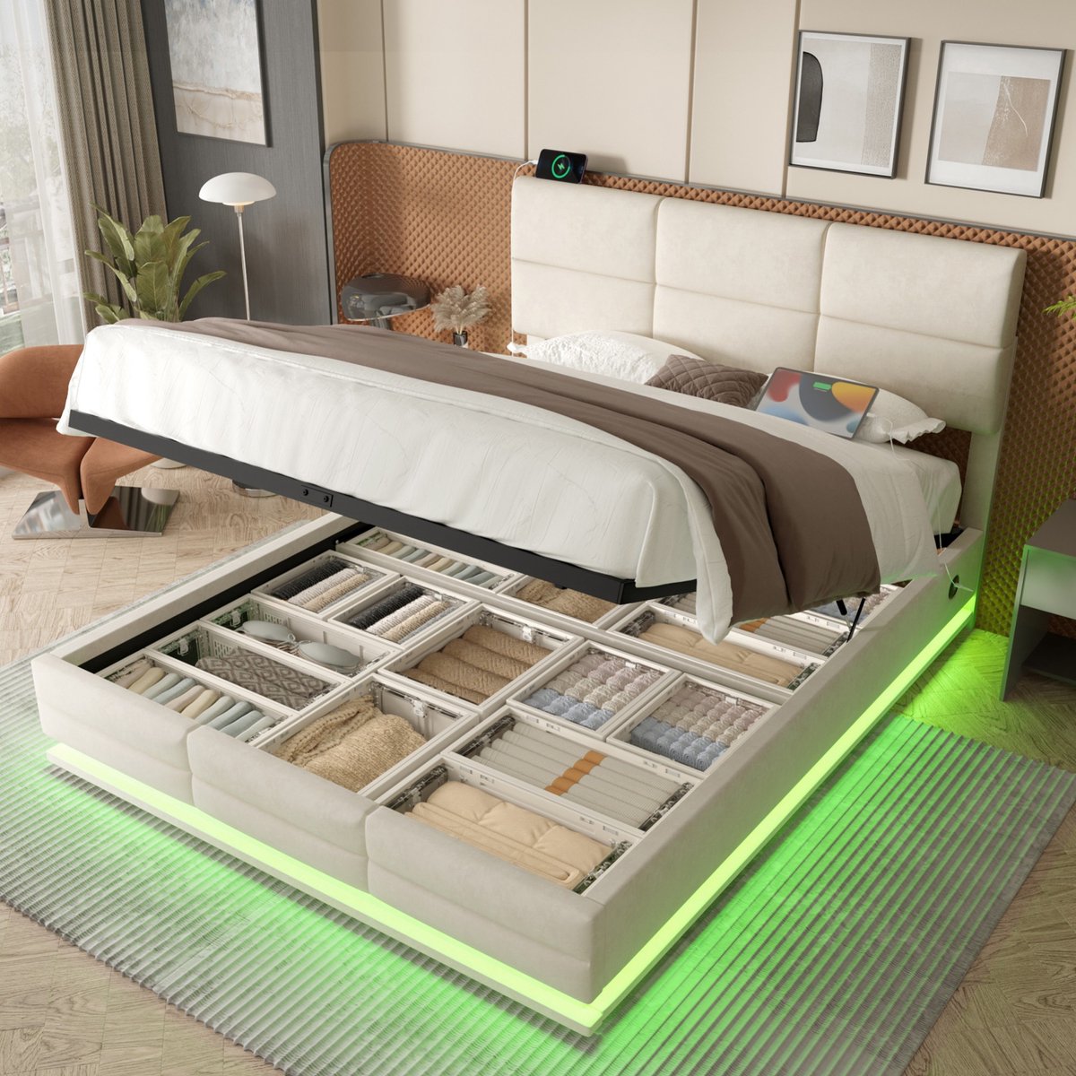 Sweiko Tweepersoonsbed - 180x200 cm - Velvet - Verstelbaar hoofdeinde - USB/Type-C - LED-verlichting - Beige
