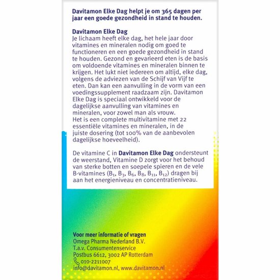 Informatie over Davitamon Elke Dag multivitaminen. Tekst met uitleg over de voordelen en ingrediënten op een kleurrijke achtergrond.