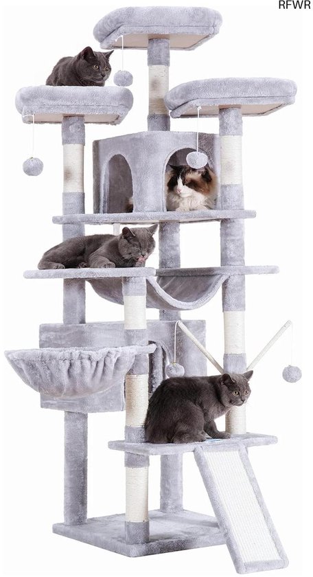 Krabpaal Met Dual Condos Voor Huiskatten, Alles-in-één Kattenhuis Met Gevoerde Zitstang Krabhelling En Palen En Verwisselbare Ballen Grijs