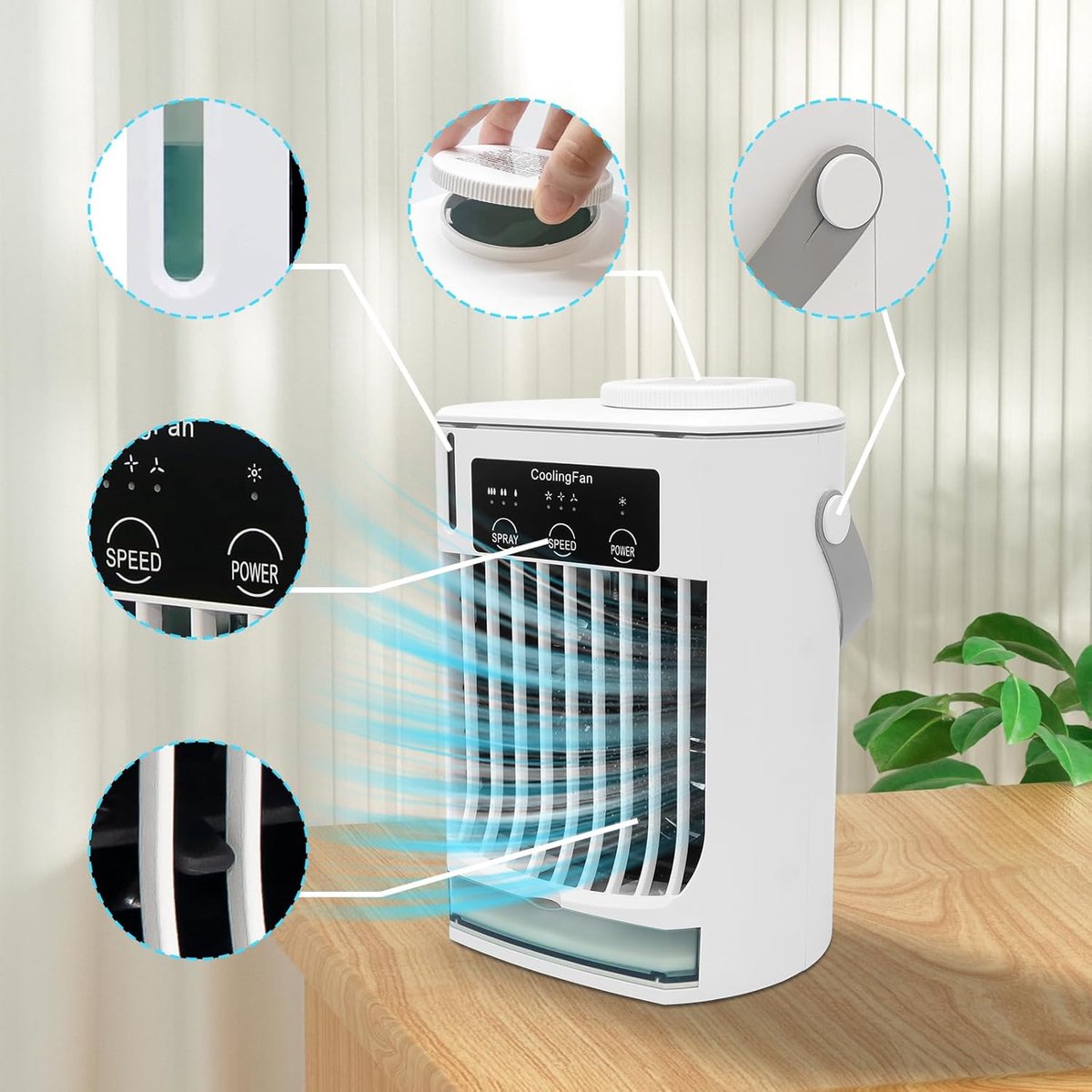 Mobiele airco zonder afvoer-mobiele airco zonder slang-3-in-1 mini-afvoerloze draagbare airconditioner-mobiele airco voor slaapkamer-3 windsnelheden, grote watertank, luchtkoeler voor slaapkamer, thuiskantoor-wit thumbnail 6
