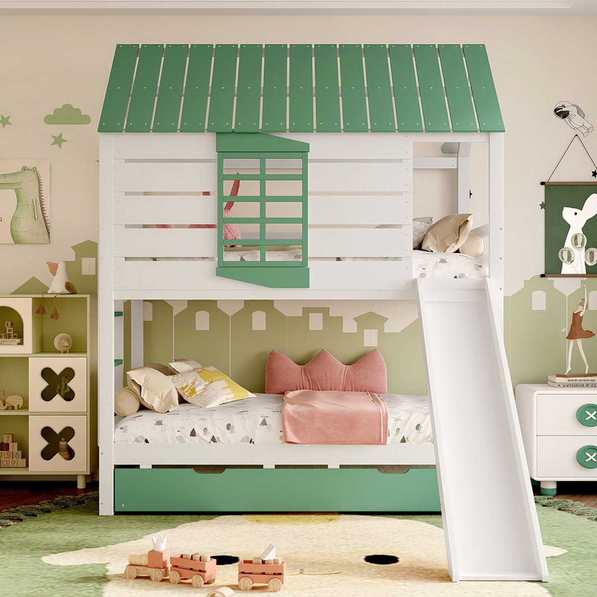 Pugsdrly Huisvormig stapelbed 90 x 200 met glijbaan en uitschuifbaar bed, wit + groen