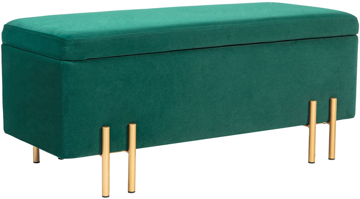 Merax Opbergbank 100x40x42 cm – Groen Fluwelen Zitbankje met Opbergruimte – Bed Hocker - Voetenbank – Gouden Metalen Poten