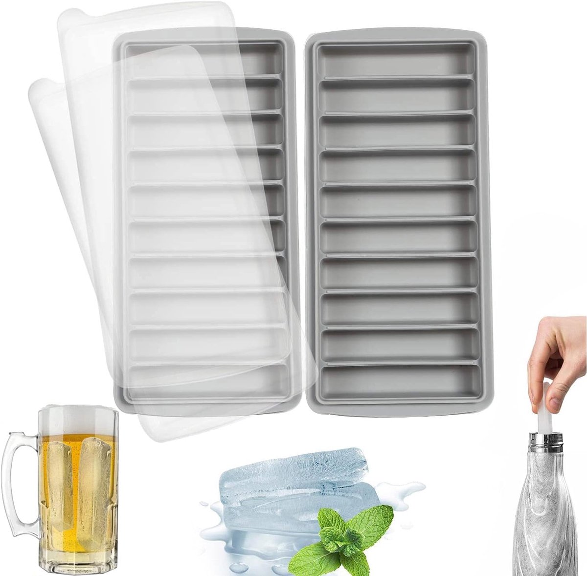 2 Siliconen ijsblokjesvormpjes - IJsblokjesvormpjes met deksel - Gemakkelijk te verwijderen - Grijs - 10 compartimenten - Perfect voor bevroren dranken, whisky en cocktails