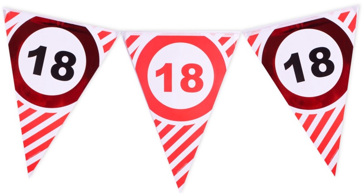 Vlaggenlijn | 18 jaar | ca. 3 meter | 10 vlaggen | dubbelzijdig bedrukt | rood verkeersbord | 2 soorten