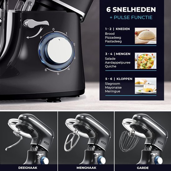 RFWR® Keukenmachine 2000W met RVS Mengkom 6,2L - 6 Snelheden en Pulsefunctie - Mixer met Garde, Deeghaak en Menghaak van RFWR — afbeelding 3