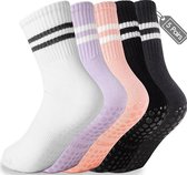 5 paar - Sokken - Dames hoge Pilates antislip sokken - Yoga Pilates Sokken met Grip - Antislip Katoenen Sokken - Yoga Sokken - Antislip enkelsokken - voor Ballet, Dans, Workouts - Zwart, Wit, Grijs, Roze en Paars