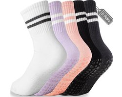 foto van 5 paar - Sokken - Dames hoge Pilates antislip sokken - Yoga Pilates Sokken met Grip - Antislip Katoenen Sokken - Yoga Sokken - Antislip enkelsokken - voor Ballet, Dans, Workouts - Zwart, Wit, Grijs, Roze en Paars
