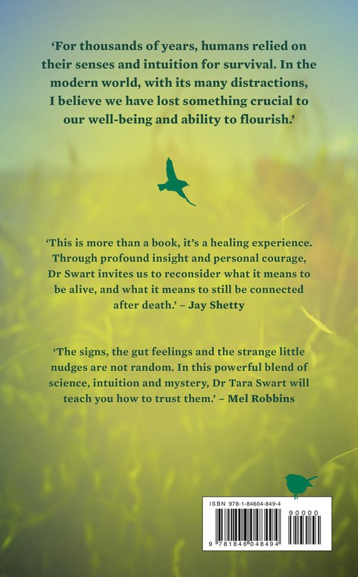 Boekrug met citaten van Jay Shetty en Mel Robbins en een illustratie van een vogel op een mosgroene achtergrond.