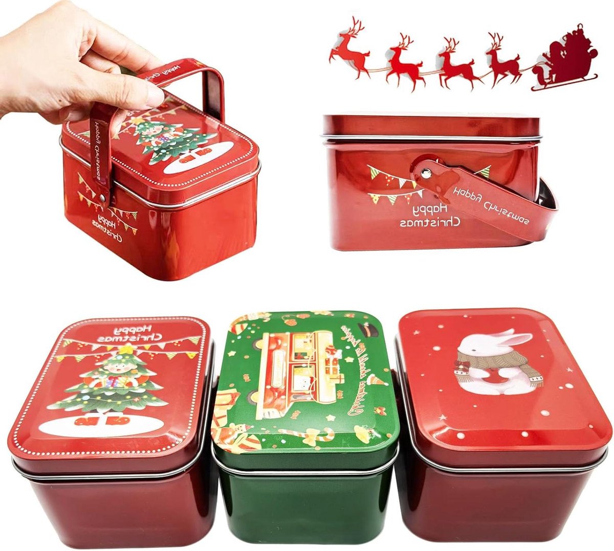 Allecto Premium - Bonbondoosjes Kerstblik Set van 3 - Snoepblik Metaal Kerstcadeau - Voor Koekjes en Snoep - Cadeauverpakking met deksel (met handvat)