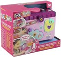 Roze glitter geheime sieradendoos met hartvormig slot, regenboog en eenhoorn versieringen. "MA BOÎTE À BIJOUX SECRÈTE" staat erop.
