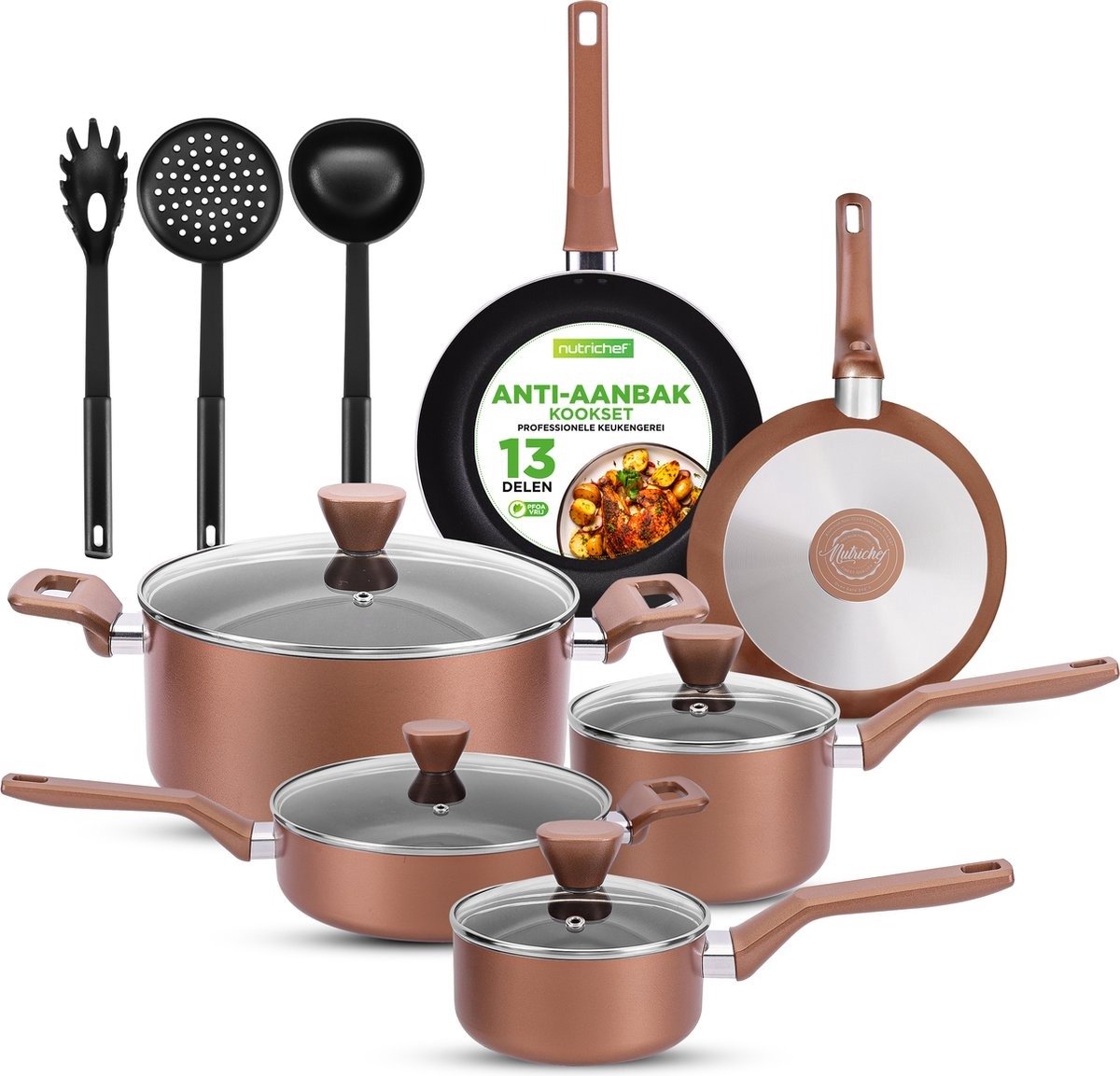 WNHB® Pannenset Antiaanbak 13 Delig - Keukenset met Koekenpannen Steelpan Kookpotten Casserole Deksels en Keukengerei - Hittebestendig - Bruin