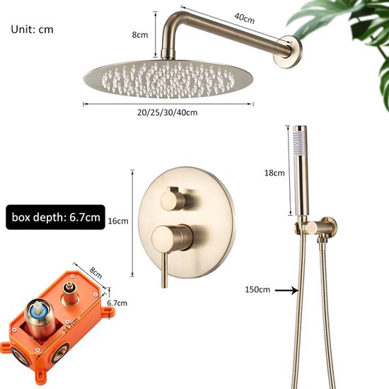 Afmetingen van geborsteld gouden doucheset met ronde douchekop, handdouche en inbouwdoos.