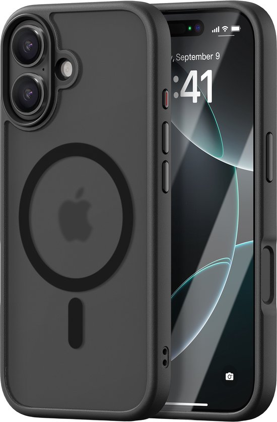 Mat zwarte iPhone hoes met MagSafe aan de achterkant, met camera-uitsparing.