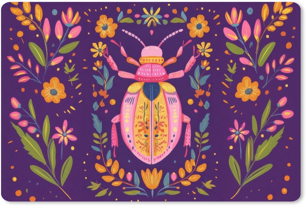 Muismat 27x18 cm - Mousepad Kever - Felgekleurd - Bloemen - Bladeren - Muismatten