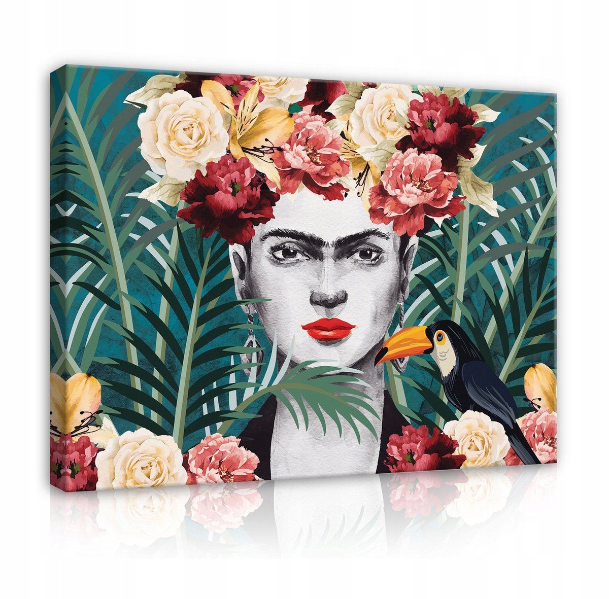 WALLARENA Canvas schilderij - 100x70 cm - Frida Kahlo bladeren bloemen multikleurig