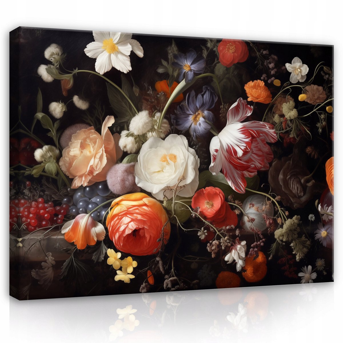 WALLARENA Canvas schilderij - 120x80 cm - Zwart achtergrond met bloemen, pioenrozen, perfect voor slaapkamer of salon multikleurig