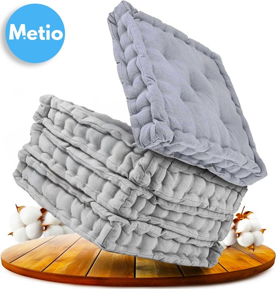 Metio – Set van 4 Stoelkussens 40x40x8 cm – Extra Dikke Zitkussens van 100% Katoen – Comfortabele & Duurzame Kussens voor Binnen en Buiten – Grijs – Oeko-Tex Gecertificeerd