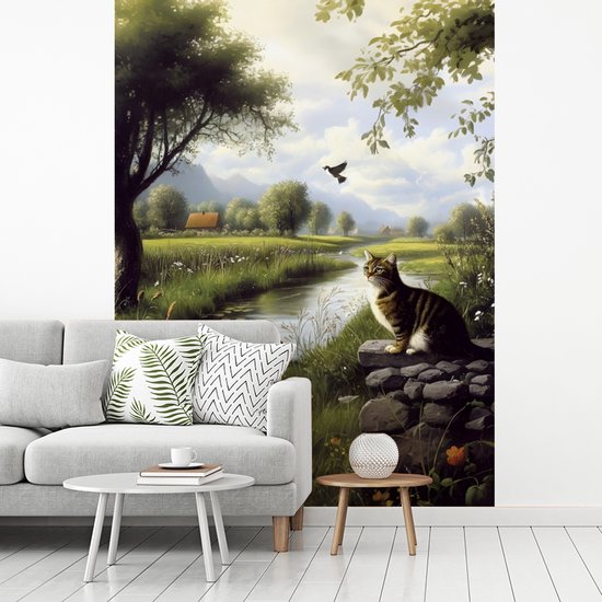 Behang - Fotobehang Kat - Beekje - Weide - Breedte 190 cm x hoogte 260 cm
