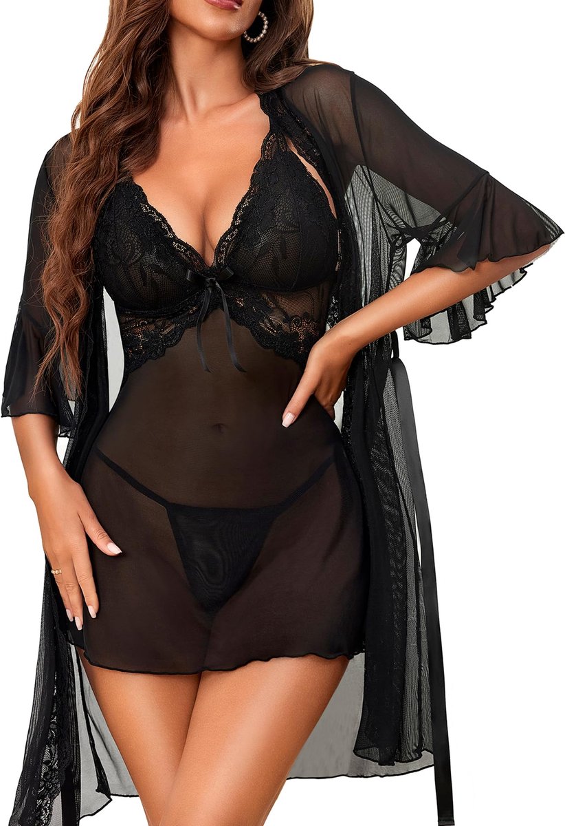 Dames Kanten Ochtendjas en Babydoll Nachtjurk Set - Bruids Nachtkleding - Zwart L