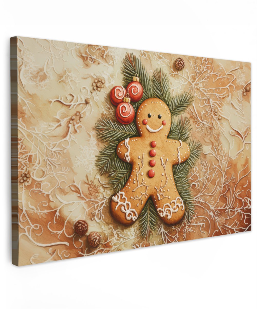 Kleurrijk kersttafereel op canvas voor buiten, afmeting 90x60 cm - Tuindecoratie met koekje, poppetje en speculaas.