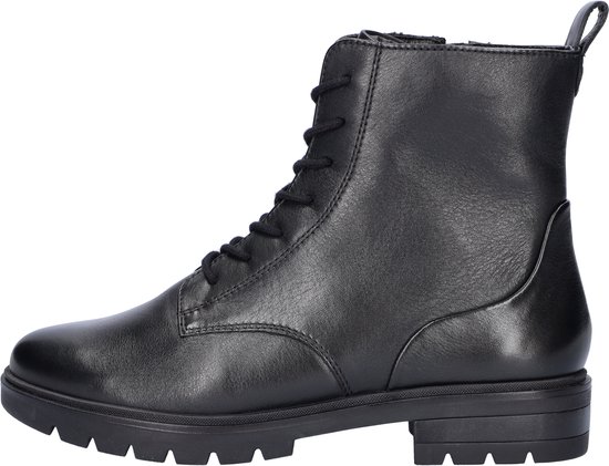 Zwarte leren veterboot, gezien vanaf de zijkant. Met vetersluiting en een rits aan de zijkant.