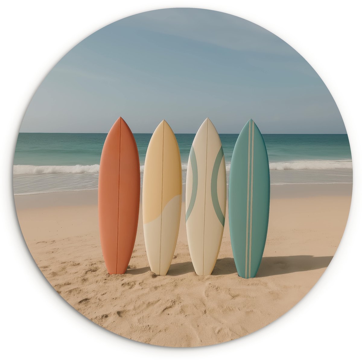 WallCircle Wandcirkel 30x30 cm - Muurcirkel Strand - Surfbord - Pastel - Muurdecoratie woonkamer - Wanddecoratie slaapkamer - Kamer decoratie accessoires - Ronde schilderijen