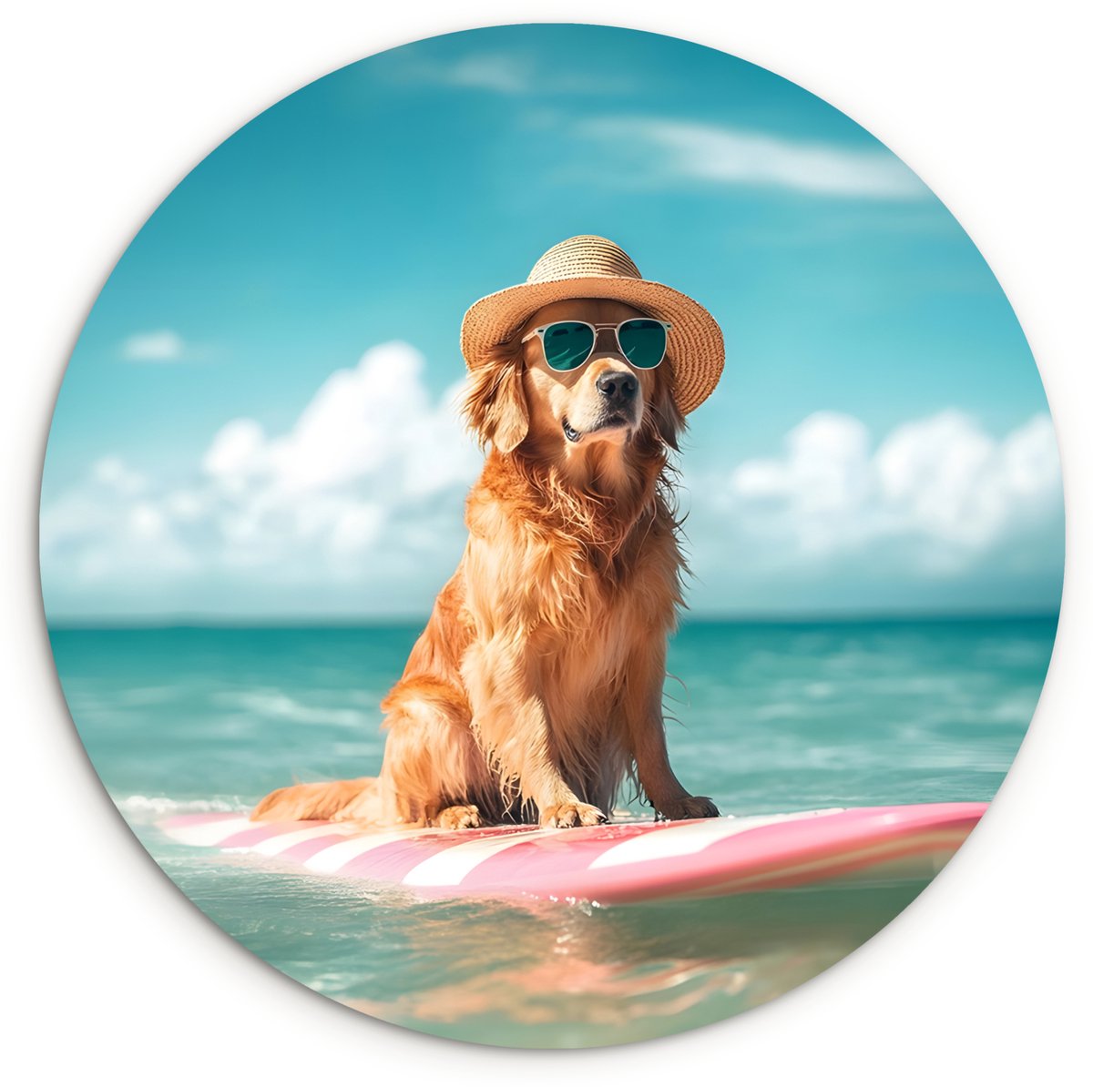 WallCircle Wandcirkel 140x140 cm - Muurcirkel Zeewater - Hond - Golden retriever - Zonnebril - Muurdecoratie woonkamer - Wanddecoratie slaapkamer - Kamer decoratie accessoires - Ronde schilderijen Hond - Surfplank